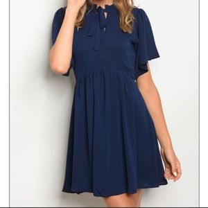 Navy Flowy Chiffon Dress Bow Tie at Collar Detail